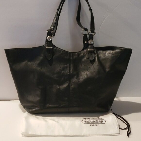 COACH Signature Black Perforated Leather Carly Tote F16598 - Picture 4 of 15